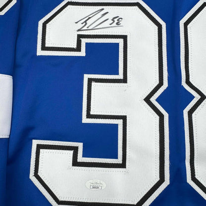 Framed Autographed/Signed Brandon Hagel 35x39 Tampa Bay Blue Hockey Jersey JSA COA