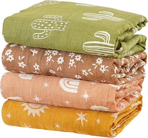 4 Set Muslin Swaddle Blankets for Newborn Baby Boys, Girls, Receiving Blankets-Cute Soft Print Baby Towel Wrap 120x110cm Baby(Cactus)