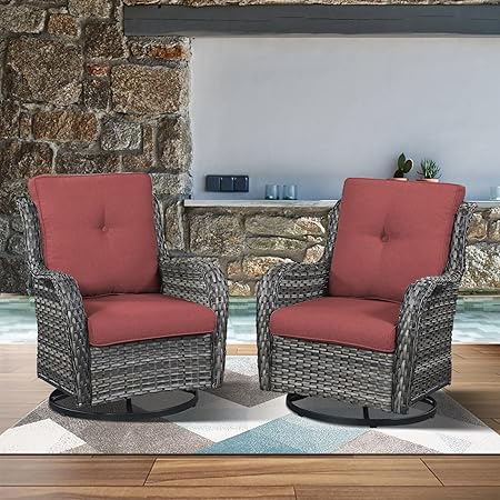 Chair, Swivel Rocker Patio Chairs Set of 2, All-Weather, Rattan, Grey/Red, Wide Wicker Armrests