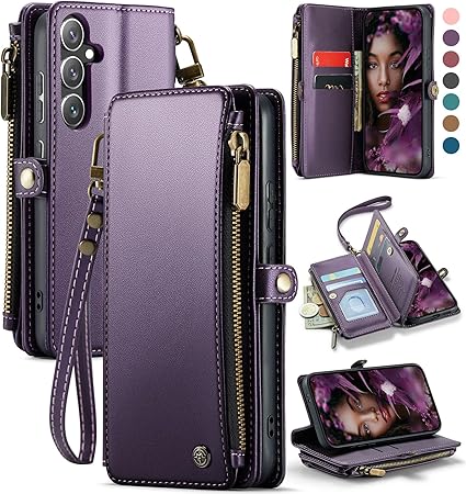 Defencase Compatible with Samsung Galaxy S24 Case Wallet with RFID Blocking Card Holder for Women Men, Soft PU Leather Magnetic Snap Flip Zipper Strap Wallet Phone Case Fit for Galaxy S24 6.2", Purple