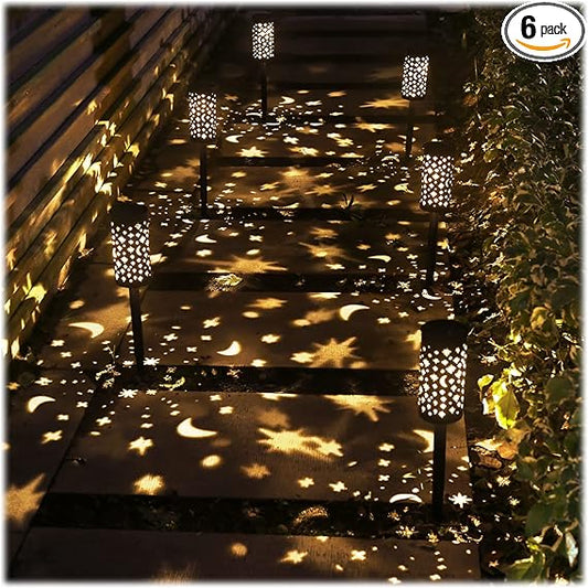 6 Pack Solar Light Outdoor Garden Patio Pathway Landscape Lights Yard Driveway Lawn Walkway Decoration Star Moon Solar Lantern Waterproof Outside Path Hanging Sidewalk Courtyard Black