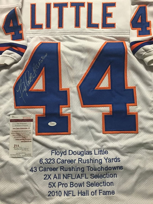 Autographed/Signed Floyd Little HOF 10  Denver Broncos White Stat Football Jersey JSA COA