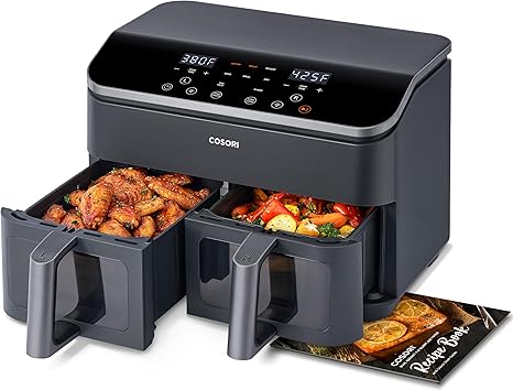 COSORI 9Qt 8-in-1 Dual Air Fryer, Multi-dish Cooking at Once for Family and Couple with Double Baskets, Bake, Roast, Reheat, Broil, Dry & 130 Recipes for Easy and Crispy Meals, Dishwasher Safe