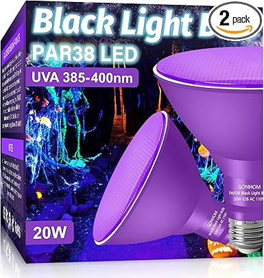 2 Pack Par38 Black Light Bulbs Outdoor, 20W Black Flood Light Replace to 200W, E26 Base Blacklight Bulbs Outdoor for Halloween Light Bulbs, Christmas Party Decor, Home Lighting