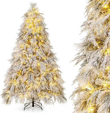 7 ft Prelit Flocked Christmas Tree, Holiday Xmas Tree with 320 Warm White LED Lights, 743 Branch Tips & Metal Stand, Artificial Christmas Tree for Home, Office, Party Decoration (7 FT)