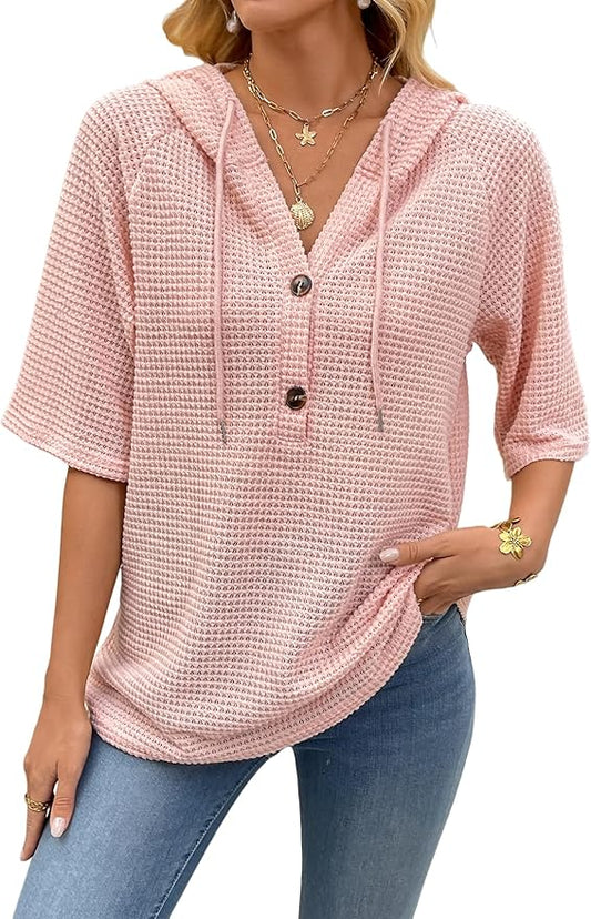 Women's Short Sleeve Tops Waffle Knit Hoodies Drawstring Button V Neck Casual Blouses Shirts Spring Summer Outfits