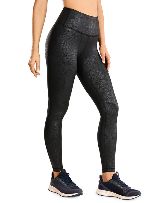 CRZ YOGA Matte Faux Leather Leggings for Women 28'' - High Waisted Stretch Full Length Leather Pants Workout Pleather Tights Black Crocodile Small