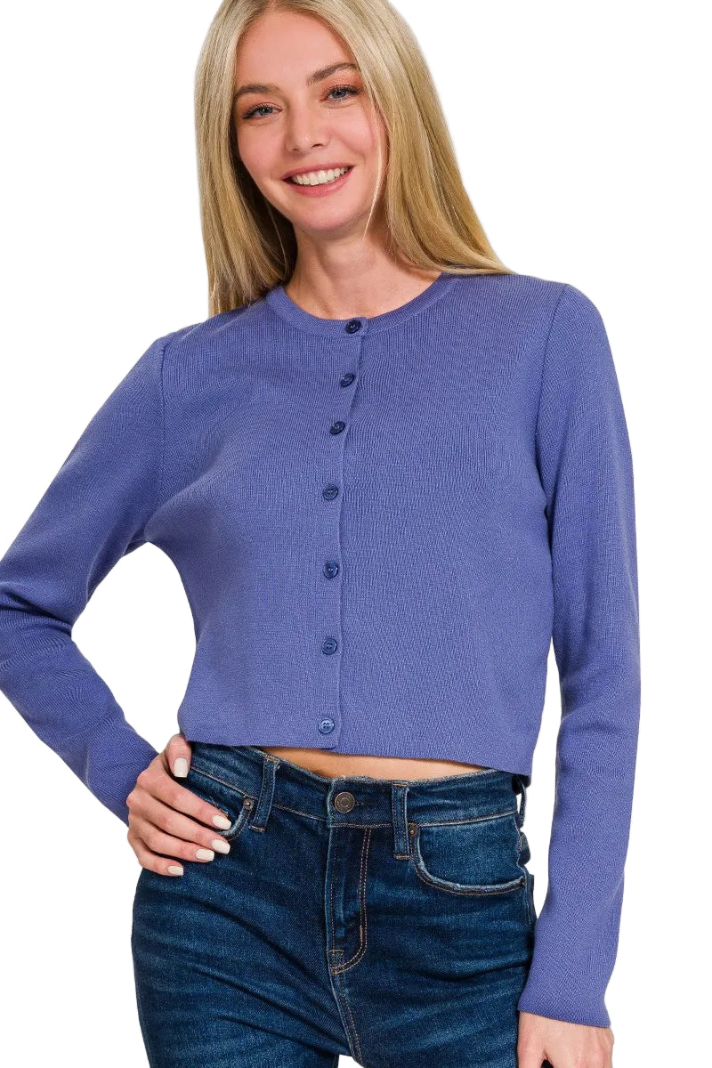 Button-Front Crewneck Long Sleeve Cropped Cardigan