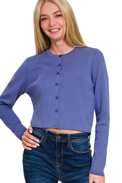 Button-Front Crewneck Long Sleeve Cropped Cardigan