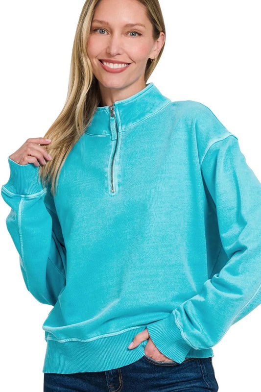 Zenana F/terry Pigment Dye & Enzyme Washing Half Zip Top