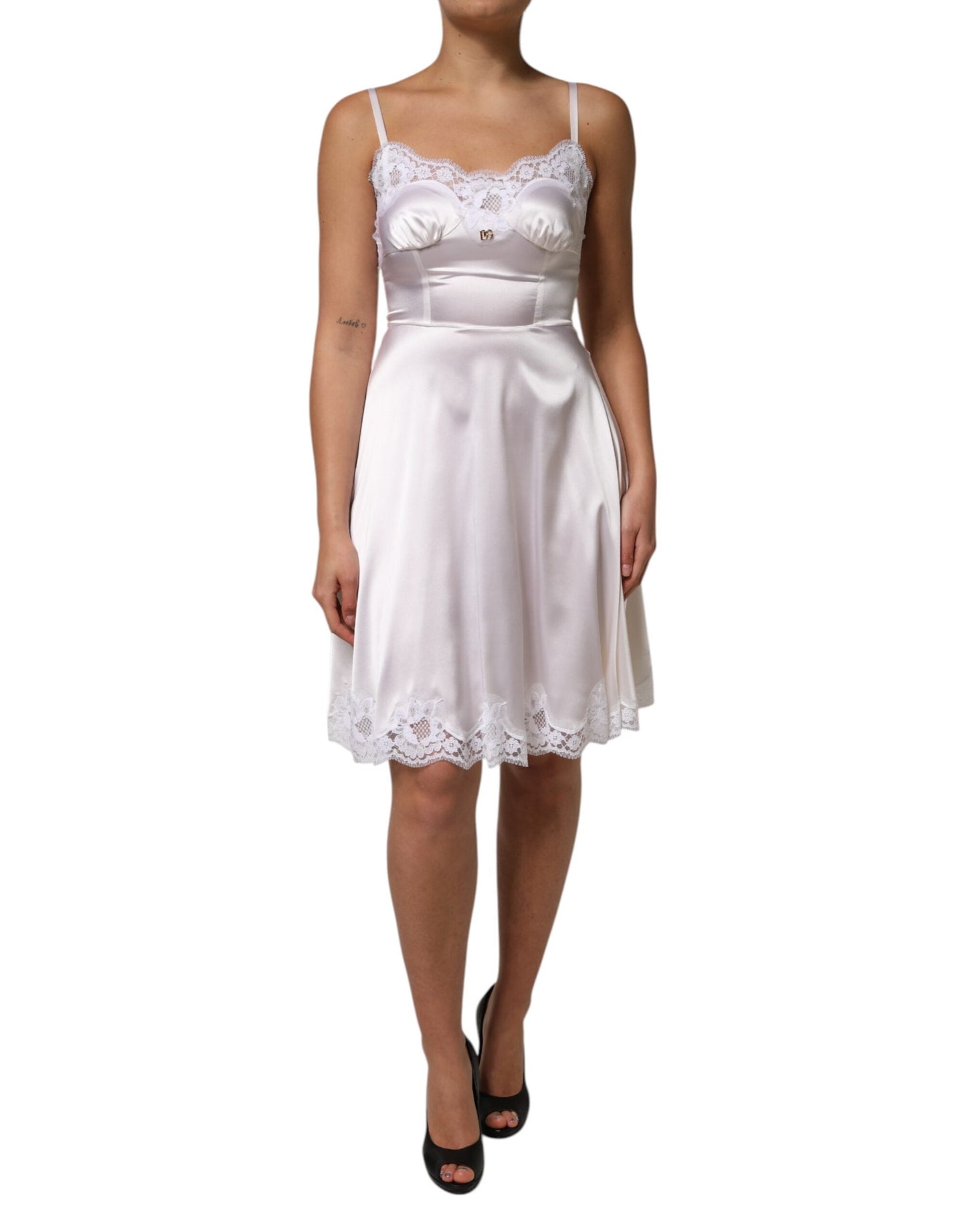 Dolce & Gabbana White Lace Gold DG Logo Silk Dress Sleepwear