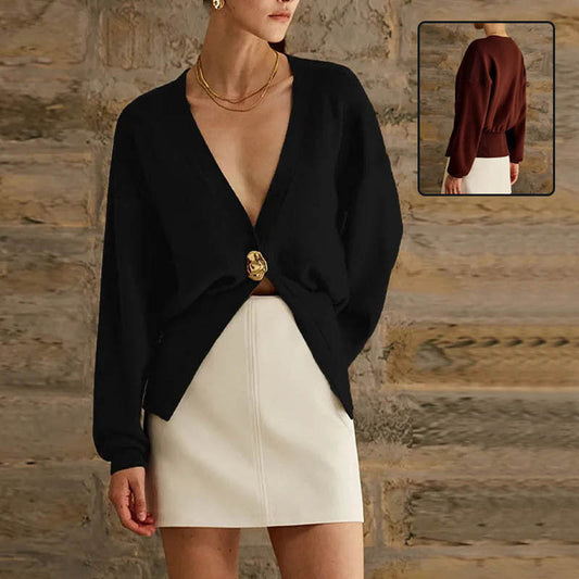 Deep V Button Cardigan - Polyester Knit Statement Sweater