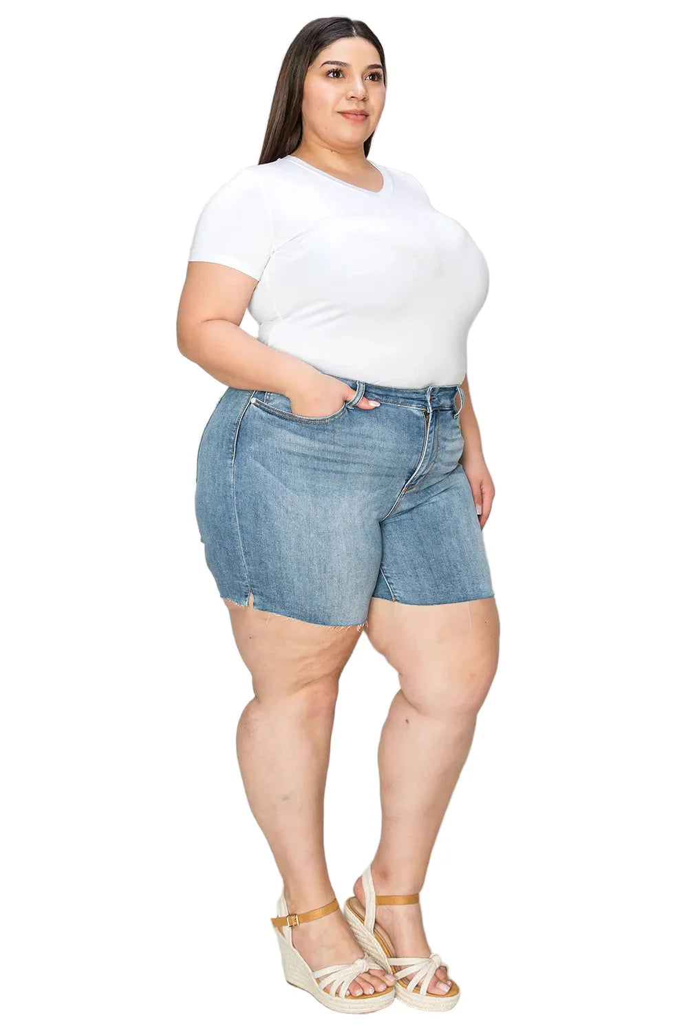 Full Size High Waist Raw Hem Denim Shorts