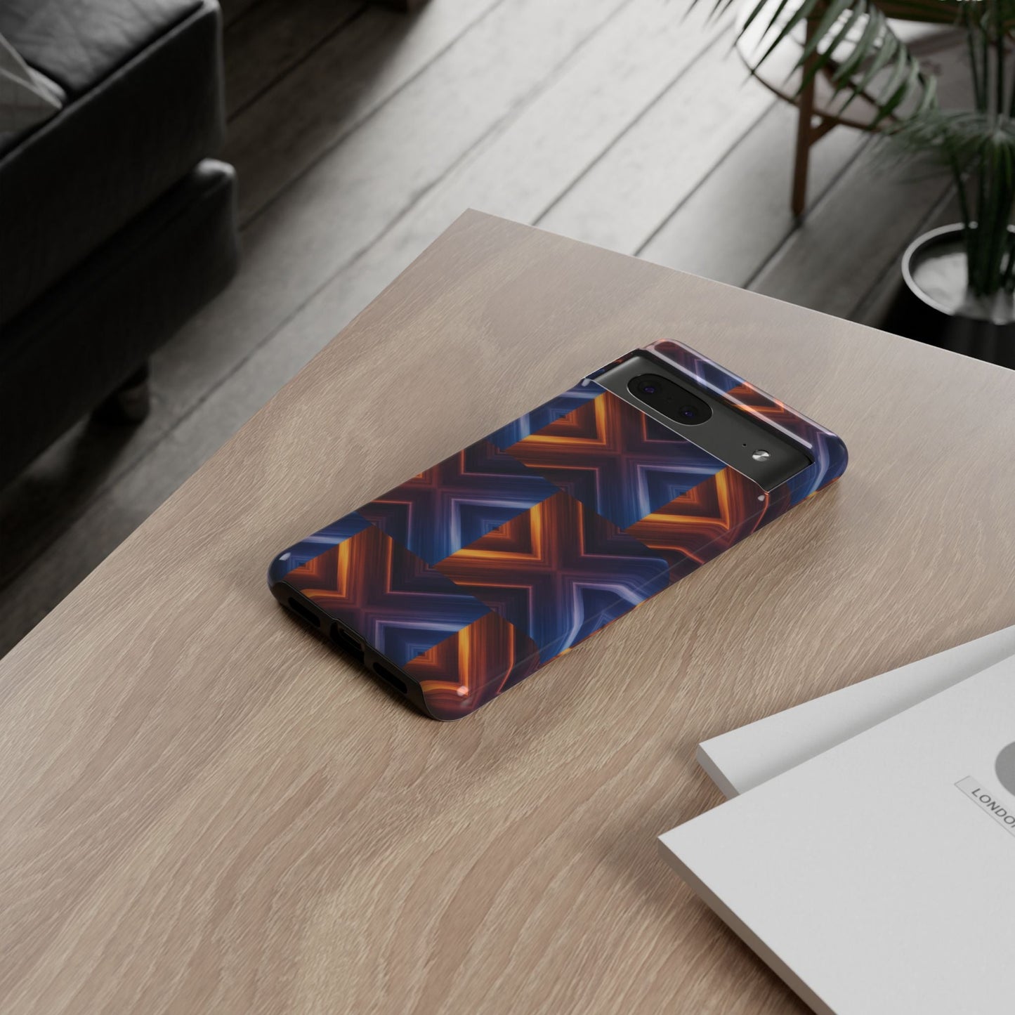 Stylish Tough Phone Case With Blue & Orange Abstract Design