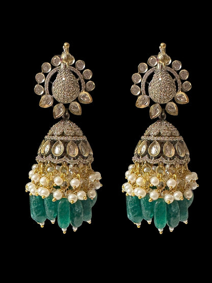 DER796 Mor polki jhumka - GREEN ( READY TO SHIP )