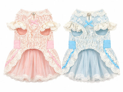 Luxury French Lace Princess Dog Dress with Satin Bow for Small Dogs