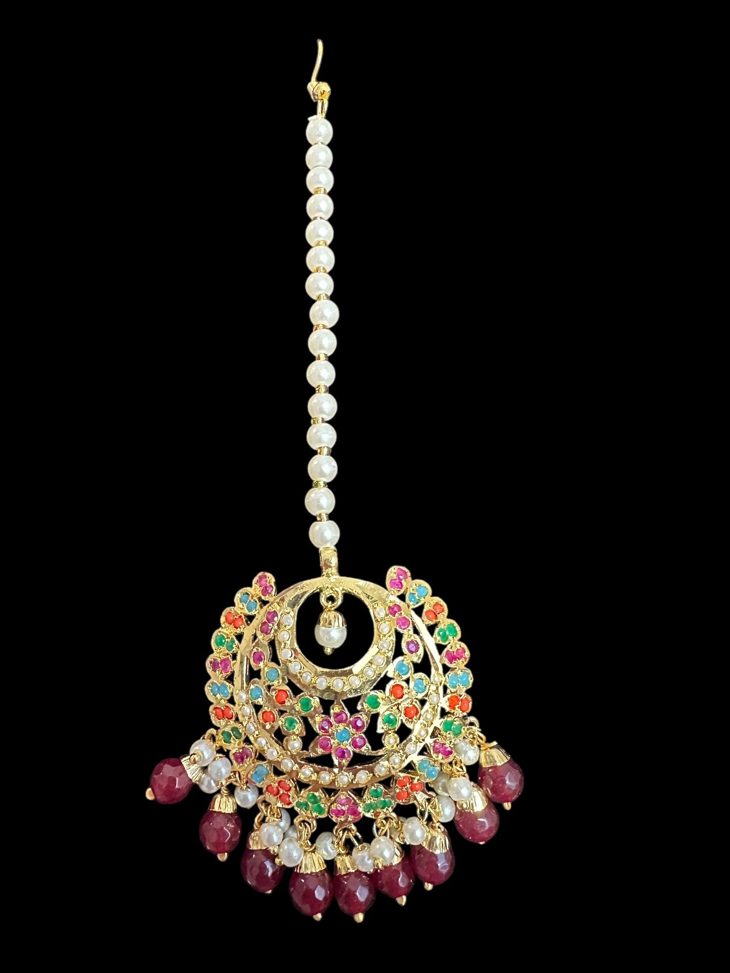 Dafiya Gold Plated Chandbali Earrings & Tika Set in Navratan | Ready to Ship | Deccan Jewelry