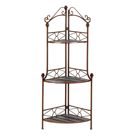 Rustic Corner Baker’s Rack – 3-Tier Wood & Metal Corner Shelf for Kitchen, Living, & Decor