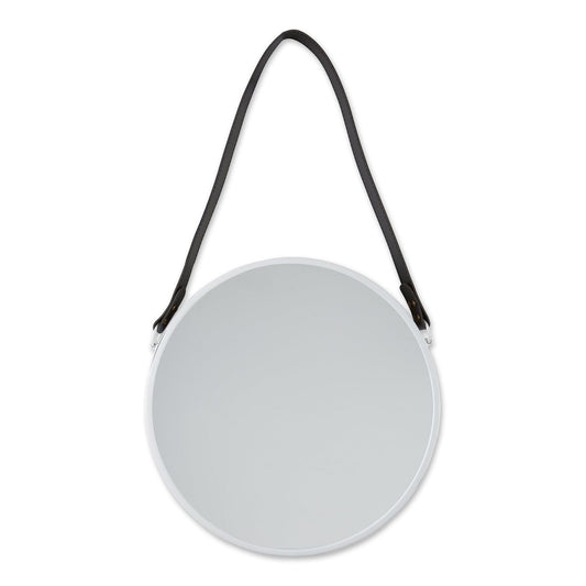 HANGING WHITE MIRROR WITH FAUX LEATHER STRAP