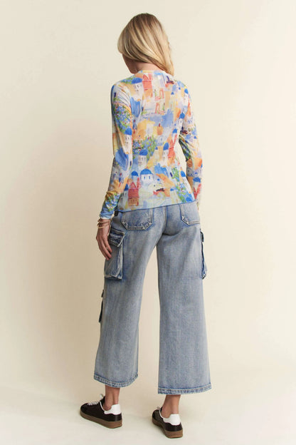 Davi & Dani Multi Printed Mesh Round Neck Long Sleeve Top