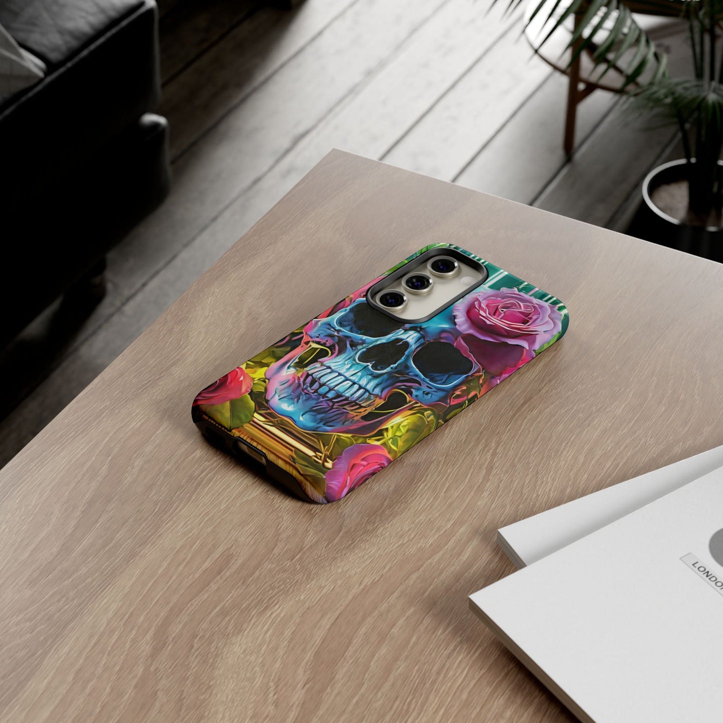 Neon Rose Skull Tough Phone Case