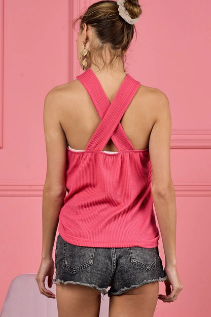 BiBi Lace Knit with Cut Out And Cross Neck Banded Top