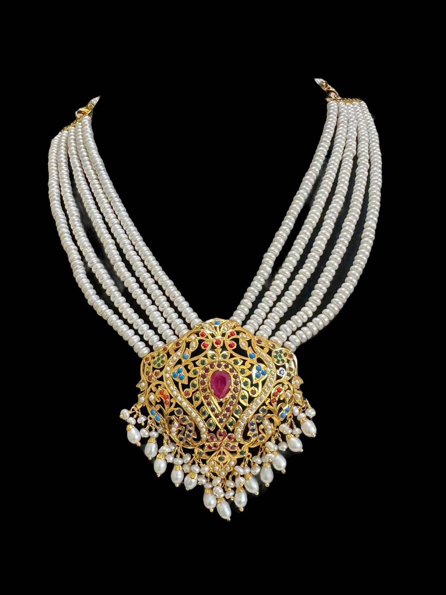 Navratan necklace with earrings in gold plated silver ( READY TO SHIP )