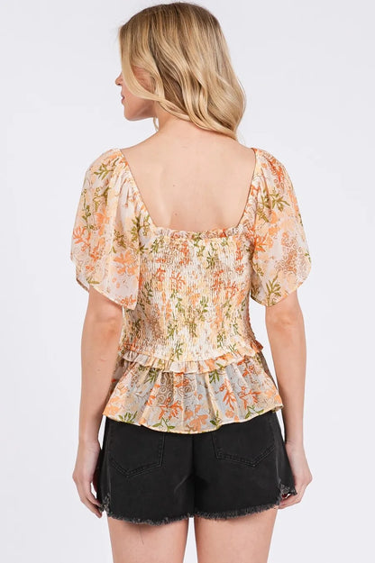 Mittoshop Floral Chiffon Smocked Square Neck Peplum Top