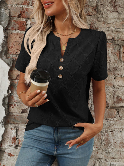 Eyelet Notched Short Sleeve Top