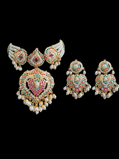 BR468 BAHAAR bridal set in Navratan and pearls ( SHIPS IN 3 WEEKS  )