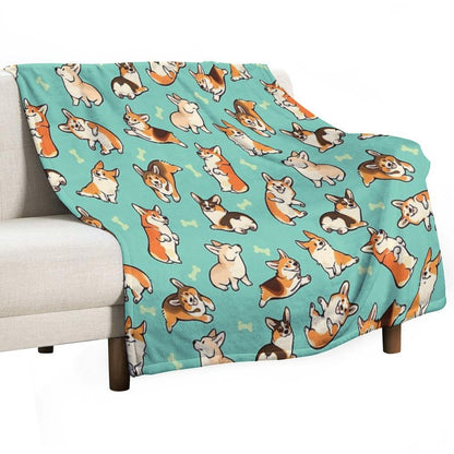 Jolly Corgis in Green Throw Blanket