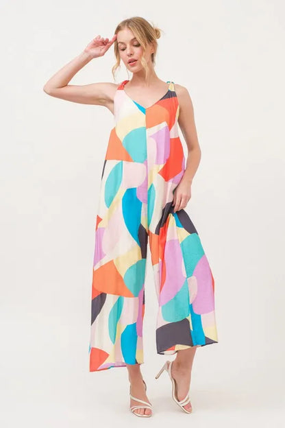 And The Why Tied Shoulder Straps Wide-Leg Geo Print Jumpsuit