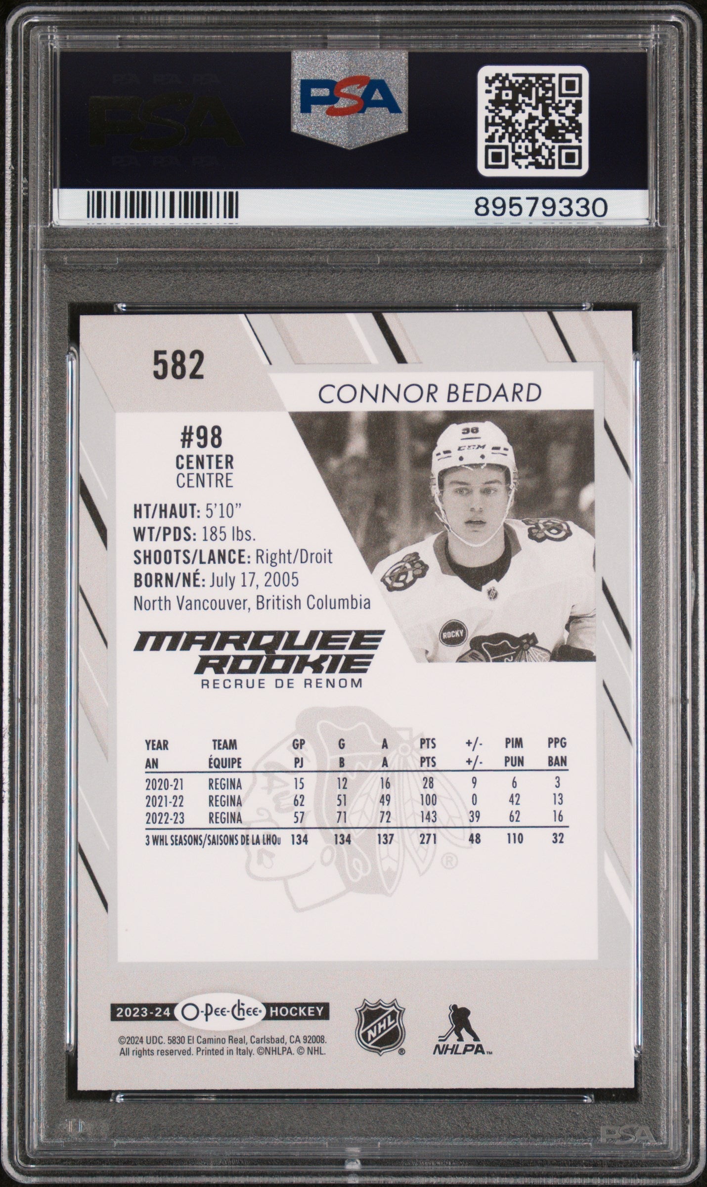 Graded 2023 Upper Deck O-pee-Chee Connor Bedard #582 Rookie RC Hockey Card PSA 10 Gem Mint