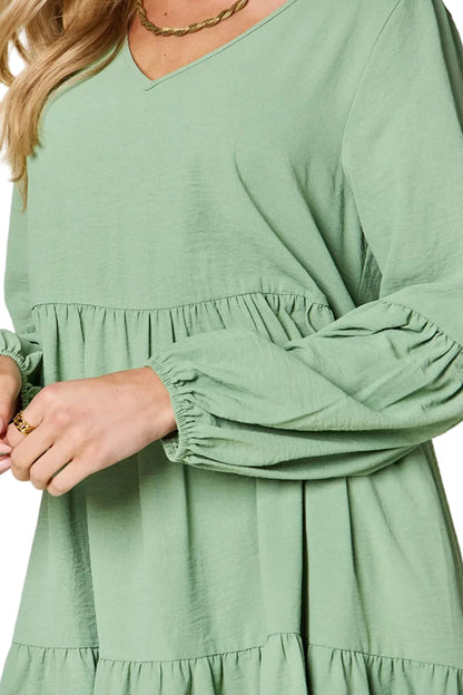 Full-Size V-Neck Balloon Sleeve Tiered Dress with Pockets