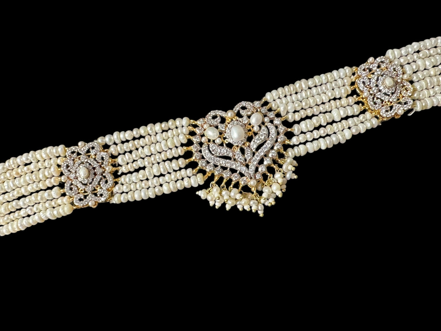 BR464 RAABYA fresh water pearl bridal choker Rani haar set with earrings tika ( READY TO SHIP )