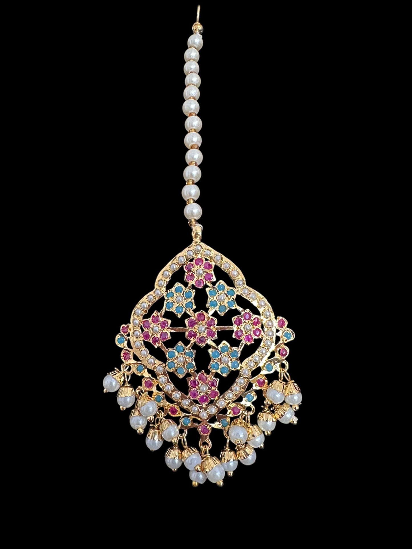 Mehru Jadau chandbali earrings tika in ruby turquoise and pearls ( READY TO SHIP )