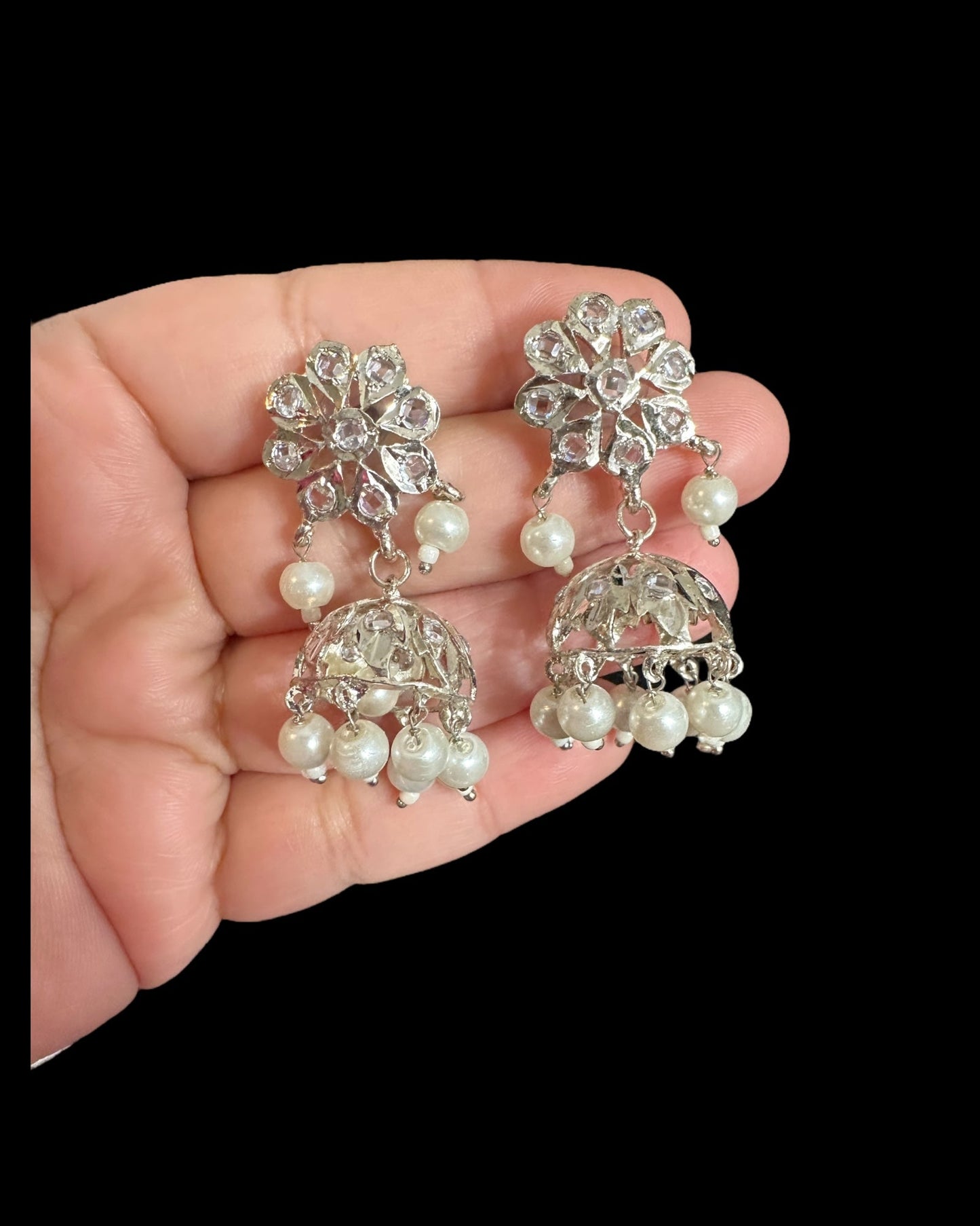 DER753 silver plated jhumka in flower tops ( READY TO SHIP)