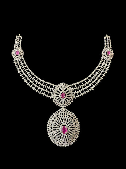 DNS172 Cz necklace set with earrings tika  silver plated - Ruby centre stone    (READY TO SHIP)