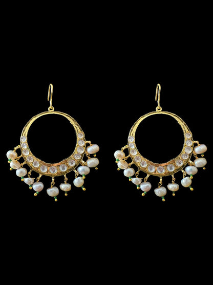 DER720 Afia gold plated moissanite Polki chandbali with fresh water pearls (SHIPS IN 3 WEEKS )