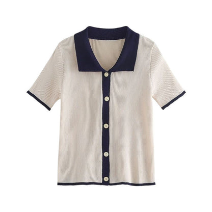 Ice Silk Contrast Collar Knit Top - Ribbed Short Sleeve Pullover