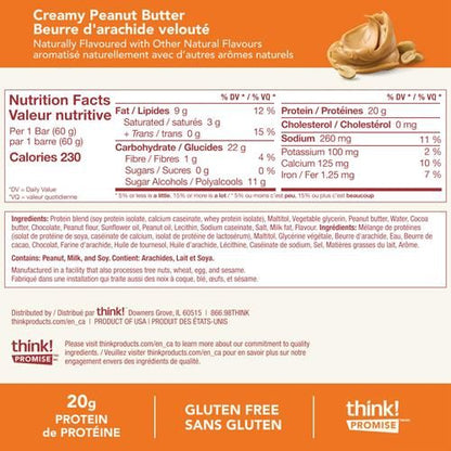 Think! Protein Bars, High Protein Snacks, Gluten Free, Sugar Free Energy Bar With Whey Protein Isolate, Creamy Peanut Butter, Nutrition Bars Without Artificial Sweeteners, 2.1 Oz (10 Count) - Pac