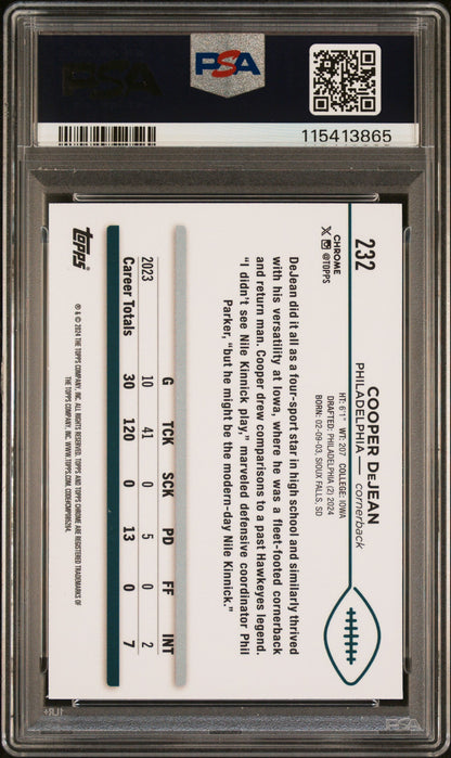 Graded 2024 Topps Chrome Cooper DeJean #232 Rookie RC Football Card PSA 10 Gem Mint