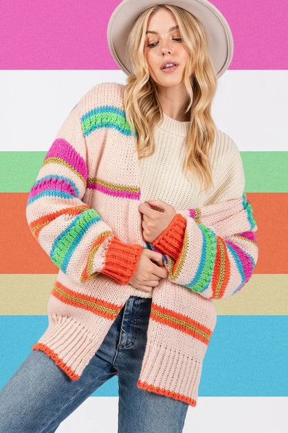 SAGE FIG Rainbow Striped Open Front Knit Cardigan