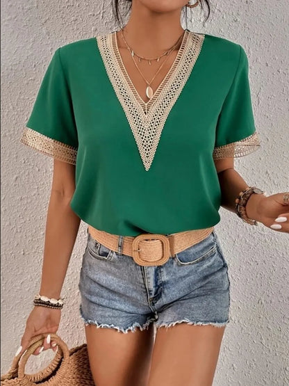 Full Size V-Neck Short Sleeve Blouse Plus Size