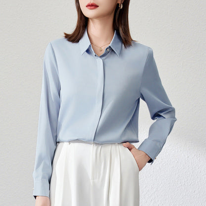 Satin Office Shirt - Long Sleeve Button Front Blouse for Work