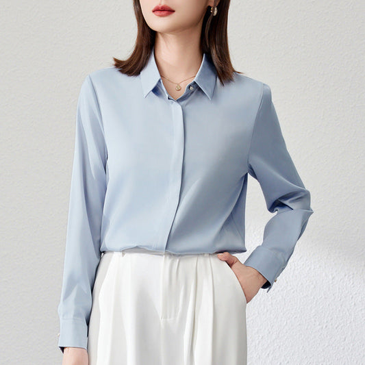 Satin Office Shirt - Long Sleeve Button Front Blouse for Work