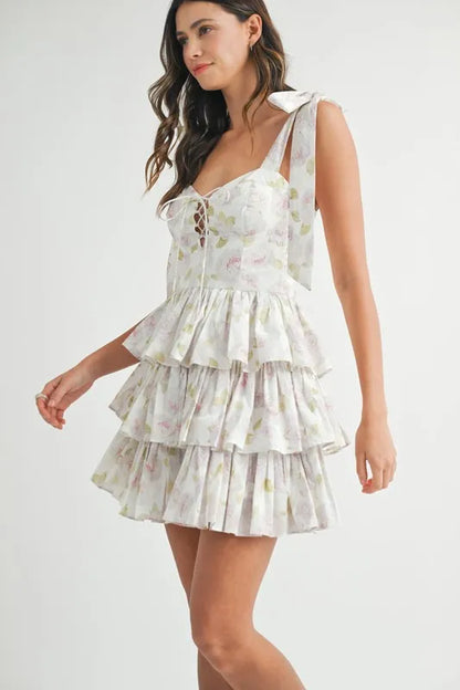 MABLE Floral Print Shoulder Tie Layered Mini Dress