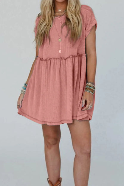 Corded Knit Textured Patched Pocket Frilled Swing Mini Dress with Pockets