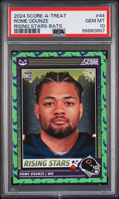 Graded 2024 Panini Score-A-Treat Rome Odunze #44 Rising Stars Bats Rookie RC Football Card PSA 10 Gem Mint
