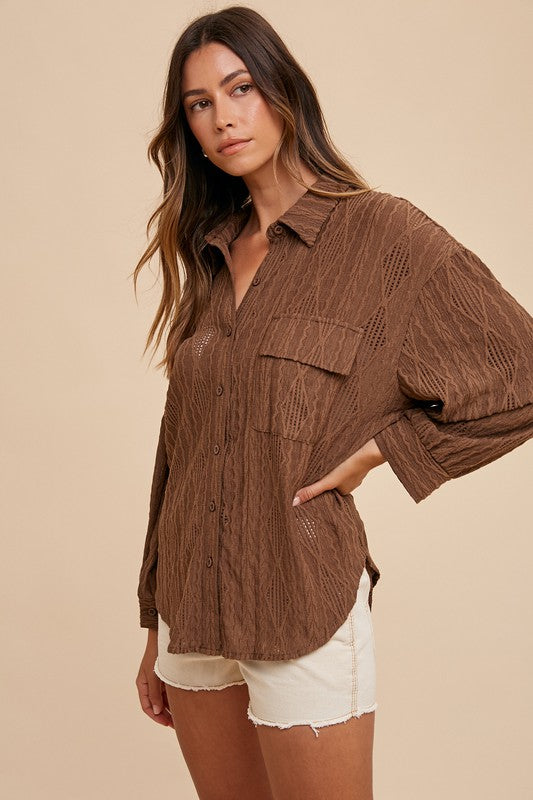 Annie Wear Openwork Button Down Drop Shoulder Shirt #2